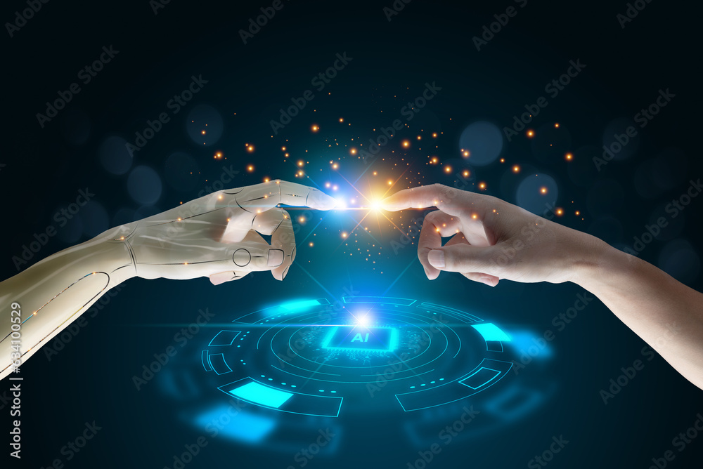 Poster human, robot hands touch connect on binary code big data world network background. smart ai machine 