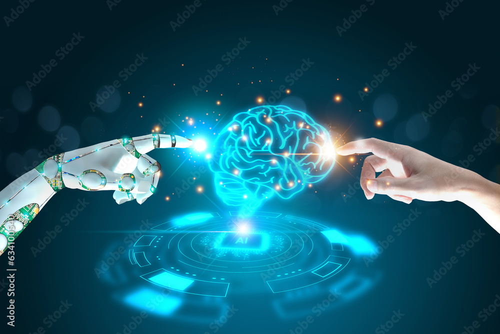 Poster human, robot hands touch connect on virtual brain, data network computer cpu background. smart ai ma
