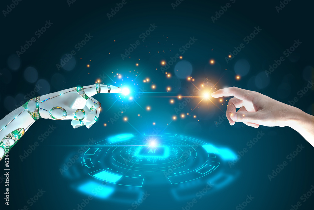Poster human, robot hands touch connect on binary code big data world network background. smart ai machine 
