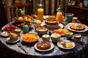 a table set with a variety of breakfast foods