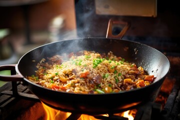 preparing fried rice in a sizzling wok