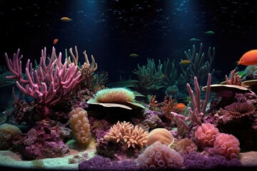 Fototapeta na wymiar nighttime view of coral reef with polyps feeding on zooplankton