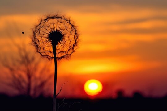 dandelion seed head silhouette against sunset sky