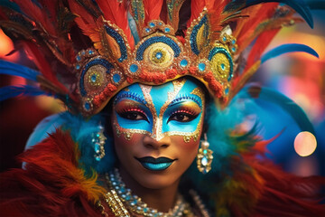 colorful and bright Brazilian carnival illustration. Portrait of a participant against a blurred background