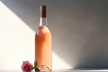 Side view of a rose wine bottle on a light background with copy space, minimal still life, and a banner with empty space. Mock-up product of an alcoholic drink in sunlight. Generative AI