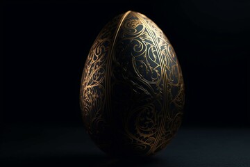 Obraz na płótnie Canvas Golden egg with a pattern on a luxurious dark background for an Easter card. 3D render. Generative AI