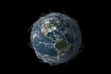 Planet Earth globe rotates in grey background; outer space rubbish concept. Keywords: Animation, Earth, 3D, Rotation, Rubbish, Sputnik, Blue, White, Isolated, Motion. Generative AI