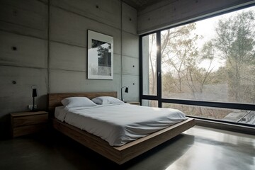 Simple concrete bedroom design. Generative AI