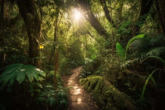 A path through the lush Mayan jungle with sunlight filtering through the trees. A magical forest straight out of fantasy. Generative AI