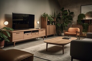 A living room with a wooden bureau cabinet showcasing a smart TV. Generative AI