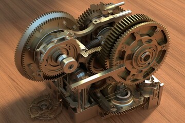Detailed illustration of a gear box shown in exploded view using 3D rendering. Generative AI