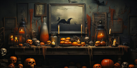 ancient gothic fireplace of scary laughing pumpkins and old skulls. Halloween, witchcraft and magic