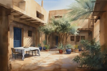 Fototapeta na wymiar Watercolor painting of a Nubian guest house courtyard in Sudan with breakfast table, coffee, and wash house view. Generative AI