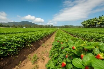 Fototapeta na wymiar Ripe strawberries on lavish plantation with natural scenery. Generative AI