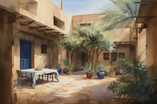 Watercolor painting of a Nubian guest house courtyard in Sudan with breakfast table, coffee, and wash house view. Generative AI