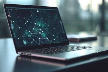 Close-up of laptop on office desktop hints at Web 3.0's decentralized future with blockchain tech. Double exposure adds to the futuristic effect. Generative AI