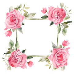 Fototapeta na wymiar Elegant Wedding Watercolor Pink Roses Bouquet Frame Border Isolated on Transparent Background with Generative Ai