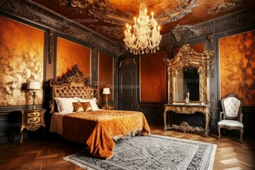 Luxurious bedroom with opulent Baroque-style interior. Generative AI