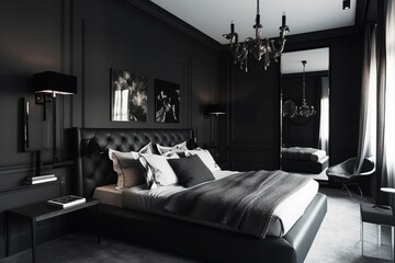 Modern sophisticated monochrome bedroom with lavish ambiance. Generative AI