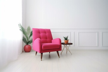 Bright, vibrant room with a pink armchair against blank white wall. Generative AI