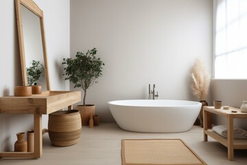 Fototapeta na wymiar Minimalist Japandi farmhouse bathroom with white and bleached tones, freestanding bathtub, and wooden washbasin. Generative AI