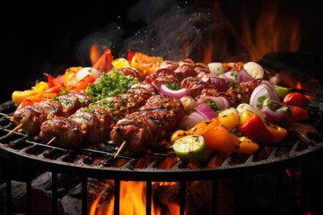 flaming grill with sizzling sausages