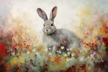 A bunny depicted in a flowery meadow painting. Generative AI