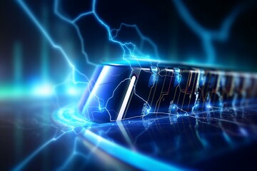 Fast-charging lithium-ion battery gets recharged by electric energy with abstract futuristic cyberspace background. Generative AI