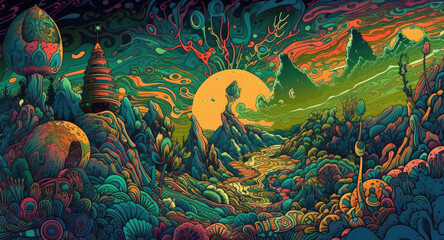 Surreal alien planet landscape illustration