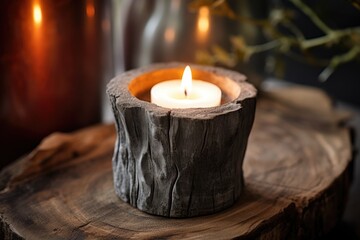 close-up of a lit candle in a rustic holder