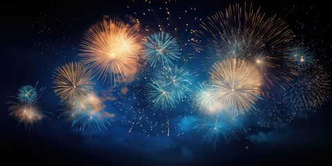 Fototapeta premium Abstract background new year, cheering crowd and blue and gold fireworks and celebrating holiday, copy space, generative ai