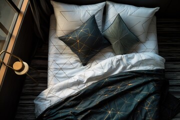 top view of a bed with geometric patterned sheets