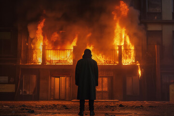 Back view of man standing in front of burning building - obrazy, fototapety, plakaty