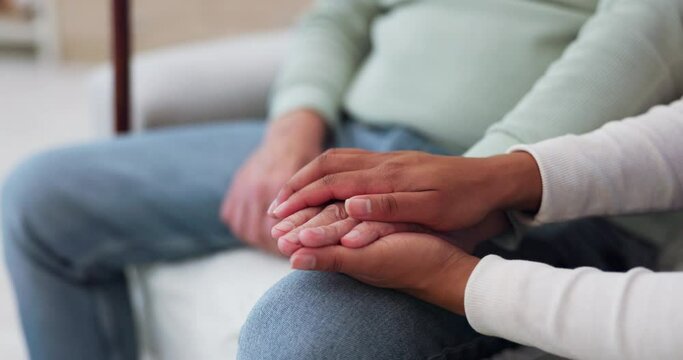 Counseling, patient or caregiver holding hands for support, help or empathy for healthcare service of cancer therapy. Closeup, psychology or depressed man in consulting with a nurse in consultation