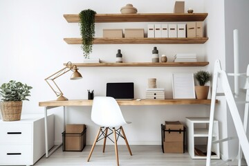 An airy office corner with white and wooden features. Generative AI