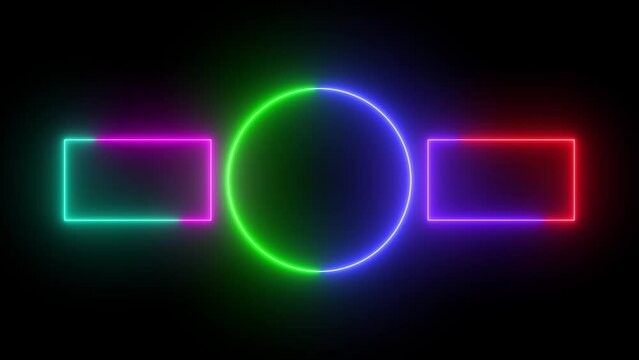 Abstract bright neon frame. rectangular and circle frame made of two moving neon lights. e_597