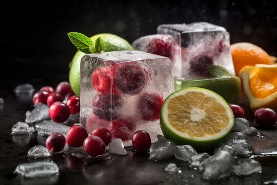 Fruits frozen in icy cubes amidst a chilly backdrop. Generative AI