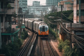 Train travelling through urban area. Generative AI