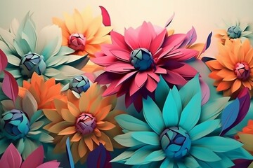 Vibrant flowers on light background. Horizontal graphic for posters, cards, web. 3D art. Generative AI
