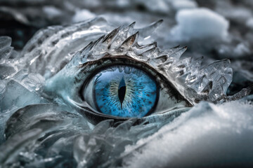 Close up of alligator with blue eyes covered in a layer of ice - climate change (Generative AI)