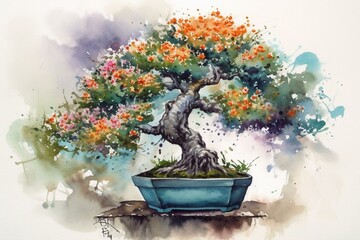 Fototapeta na wymiar A bright watercolor painting featuring a colorful, flowering bonsai tree. Generative AI
