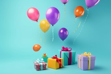 Colorful presents and balloons on blue background. Generative AI