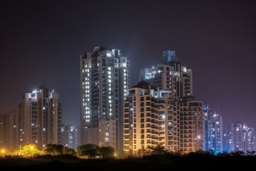 Fototapeta na wymiar Illuminated tall buildings in Gurgaon Delhi with houses in front at night. Generative AI