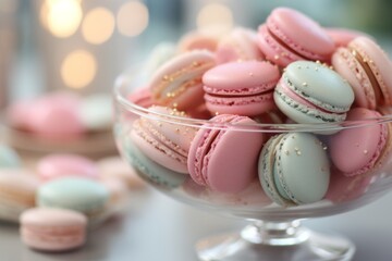 Obraz premium Photo of a colorful assortment of macarons in a glass bowl created with Generative AI technology