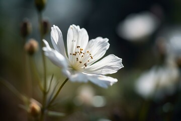 Close-up of white flower, blurry backgrounds of light. Generative AI