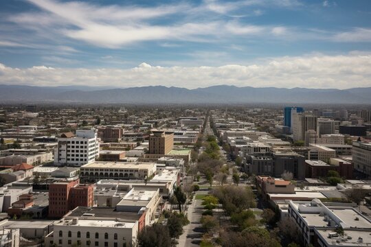 View of Santa Ana's downtown skyline during the daytime. Generative AI