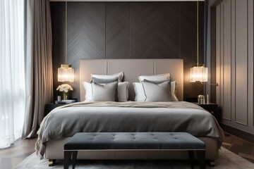 Modern and stylish bedroom in pale brown and grey tones with luxurious touches. Generative AI