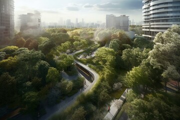 A sustainable urban landscape surrounded by trees. Generative AI