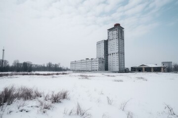 Factory amid snow-covered field used for petrochemical products. Generative AI