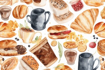A seamless watercolor pattern featuring bakery and coffee elements on a white background, including macaroons, eclairs, coffee makers, cups, croissants, and jam jars &ndash; perfect for use. Generative AI